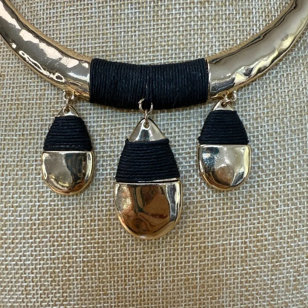 St. Thomas Gold & Black Pendant Necklace, Statement, Neutral, Chunky, Hammered - Picture 2 of 9